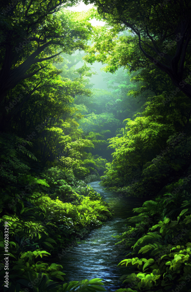 Poster a lush green forest with a stream running through it. the sunlight is shining through the trees, cre