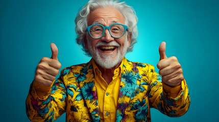 Cheerful elderly man in colorful attire giving thumbs up.