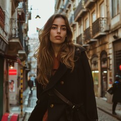 Fototapeta premium Stylish Young Woman Walking in a Busy Urban Street, Inviting Gesture