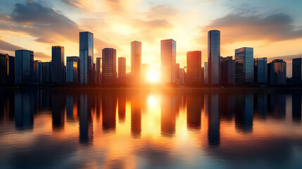 City skyline at sunset reflecting in water.