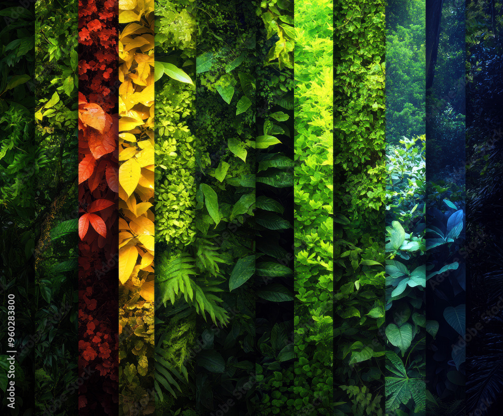 Poster A series of images of trees and plants in various shades of green and yellow. The images are arranged in a way that creates a sense of depth and movement