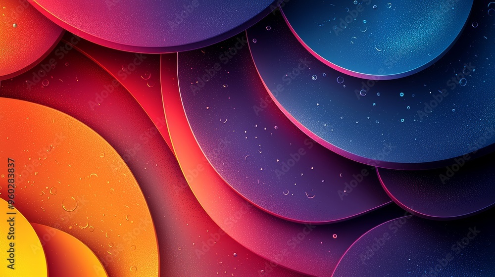 Poster colorful abstract design featuring layered circular shapes with gradients and bubbles on a dark back