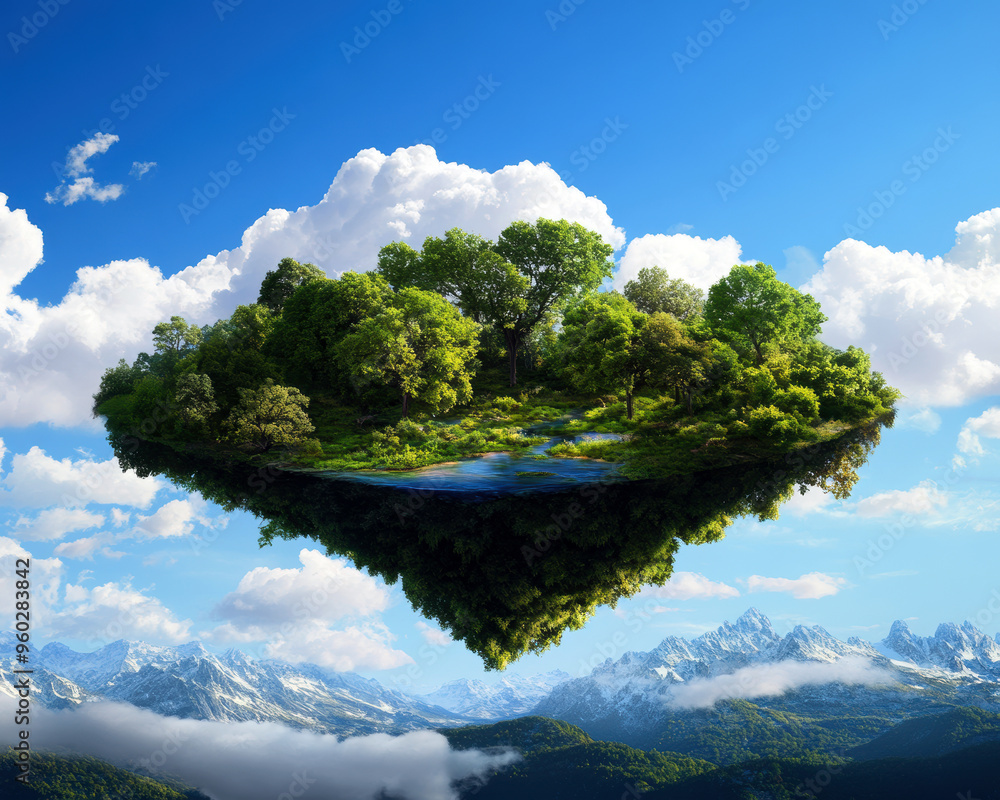 Poster a small island of trees is floating in the sky above a mountain range. the sky is blue with clouds, 