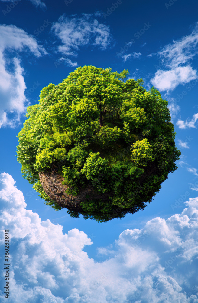 Poster a small tree is floating in the sky above a blue sky. the tree is surrounded by clouds, and the sky 