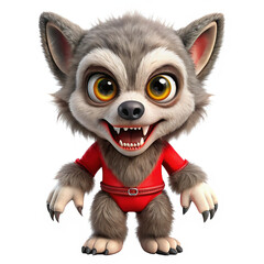 Obraz premium warewolf mascot cute, Red big eye , big fang ,chibi , full color body suite, 3d model , realistic , white background , look at 180 degree , Platinum skin