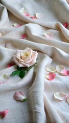 Soft Pink Rose and Petals on Cream Fabric

