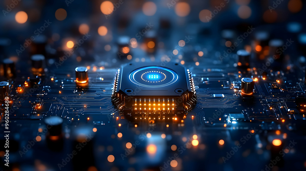 Poster close-up of a microchip on a circuit board with glowing lights.