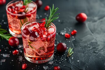 Two glasses of refreshing cranberry mocktail garnished with fresh rosemary, creating a festive and vibrant holiday drink.