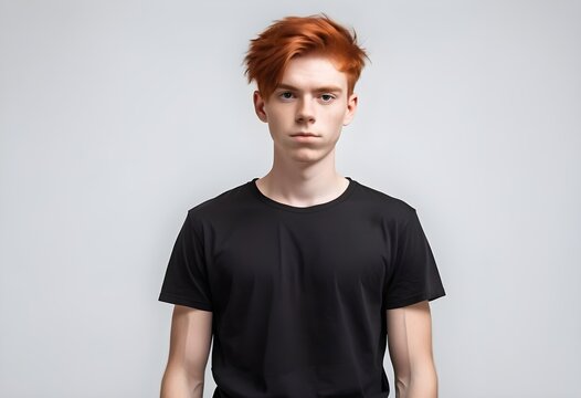 Red haired guy in black outfit on white background.