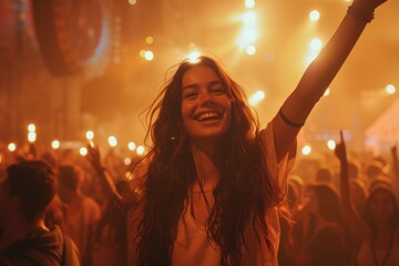Fototapeta premium Woman in Concert Crowd Waving and Smiling in a Lively Atmosphere