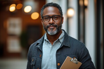 45 year old american man volunteering in business casual clothes holding clipboard for a tax preparation. 