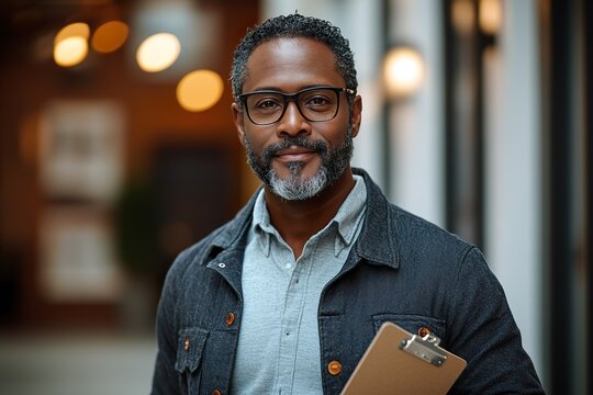 45 year old american man volunteering in business casual clothes holding clipboard for a tax preparation. 