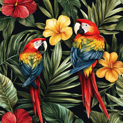 Fototapeta premium Tropical leaves and flowers with colorful parrots in a seamless pattern on a black background. 