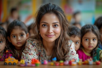 In an Indian day care center a woman oversees and plays with children who are enjoying their time with colorful toys