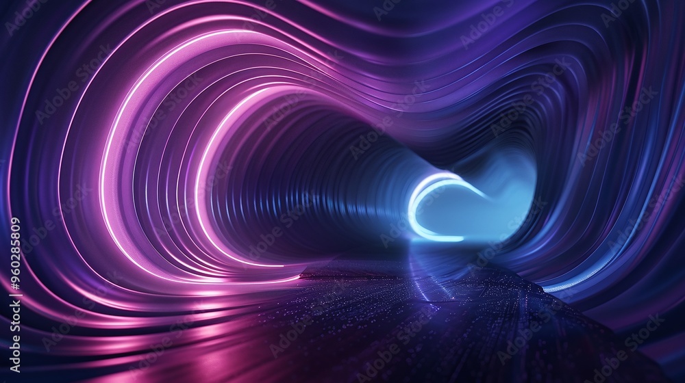 Poster a captivating illuminated tunnel scene, featuring smooth curves and vibrant colors that create a mes