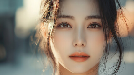 Close-up portrait of a young Asian woman with soft, glowing skin and warm-toned makeup, gazing directly at the camera in soft natural light.