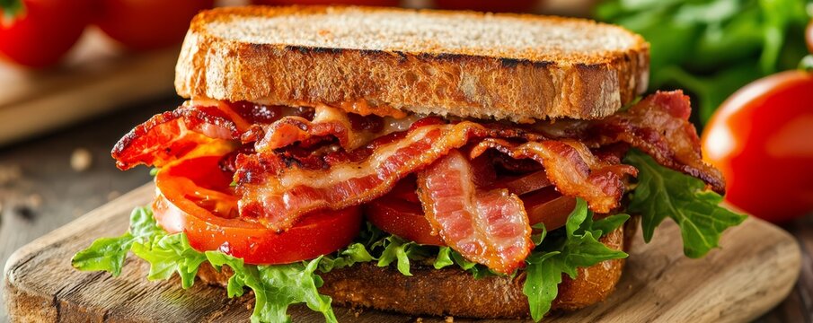 A classic BLT sandwich with crispy bacon, fresh lettuce, and ripe tomatoes, served on toasted bread