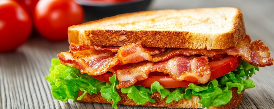 A classic BLT sandwich with crispy bacon, fresh lettuce, and ripe tomatoes, served on toasted bread