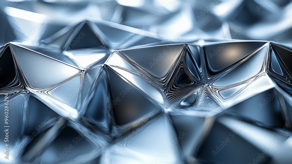 Poster detailed close-up of shiny metallic surface with geometric patterns reflecting light, showcasing a u