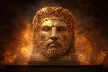 A majestic golden statue head surrounded by flames, symbolizing power and mythology in an artistic and dramatic setting.