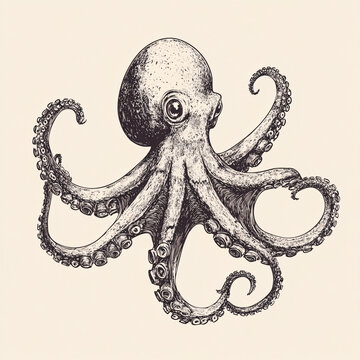 recommend clip art: ntricate black and white hand-drawn illustration of an octopus with detailed line art, curled tentacles, and vintage marine design, sea creature graphic artwork