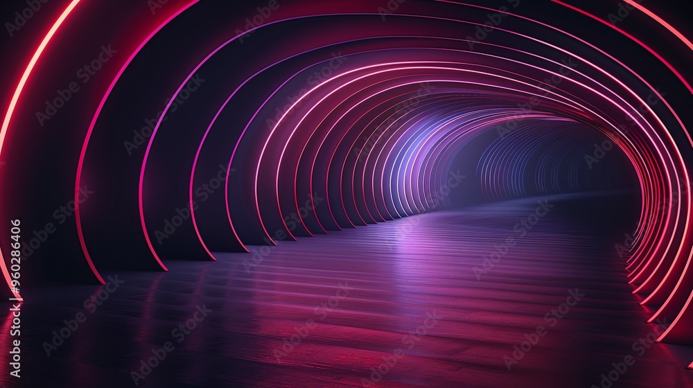 Poster a futuristic tunnel with vibrant neon lights creating an atmospheric and dynamic environment for cre