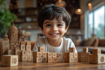 Indian children full of smiles interact with wooden toys at home highlighting their playful and imaginative spirit