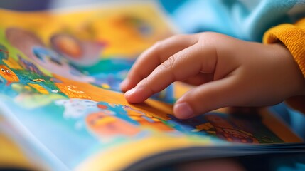 Fototapeta premium Hand Flipping Through a Children’s Book: A hand turning the pages of a vividly illustrated children’s book, with the artwork in the book partially visible. 