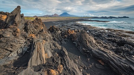 Fototapeta premium The unique lava formations of the Galapagos Islands, with jagged rocks and black sand beaches.