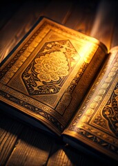 Fototapeta premium Illuminated Quran with Golden Light during Ramadan Reflection
