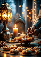 Iftar Meal Preparation with Lanterns and Traditional Sweets during Ramadan