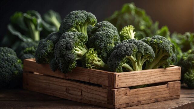 Fresh Broccoli Harvest in a Wooden Crate.