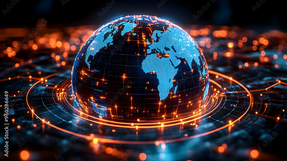Poster digital globe with glowing connections representing global networks.
