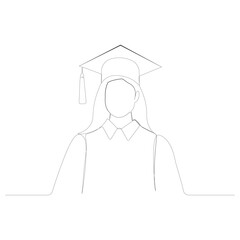 Girl wearing graduation hat and uniform continuous line art drawing. Vector illustration