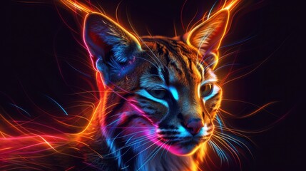 Neon Cat Portrait with Electric Light Effects