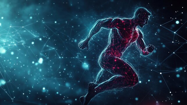 Athlete silhouette in action highlighting physical abilities on copy space background with blank slate