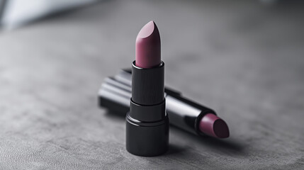  Professional still life shot of a mauve lipstick on a grey background, designed for print media and outdoor advertising campaigns