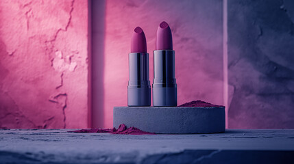  Professional still life shot of a mauve lipstick on a grey background, designed for print media and outdoor advertising campaigns
