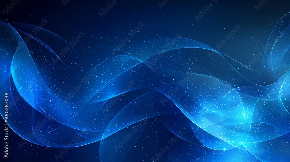 Poster abstract blue waves with glowing particles creating a serene background for digital designs or creat