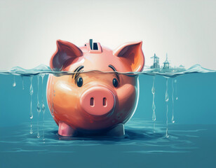 Financial Crisis and Economic Disaster Illustrated with Drowning Piggy Bank