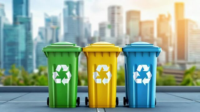 Bins for sorting various types of waste placed in front of a cityscape  &ndash; AI animation, 4k video	
