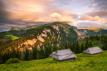 Traditional Tatra hutsat sunset, Polish Tatra Mountains