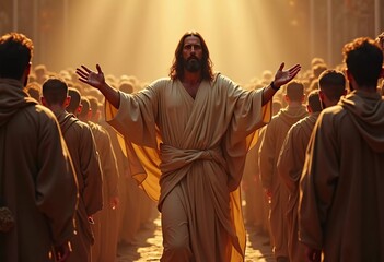 Obraz premium Jesus Christ stands amidst a diverse assembly, conveying a message of hope and faith, surrounded by attentive followers. Religion Christianity. Faith, hope, love and wisdom. Generative AI