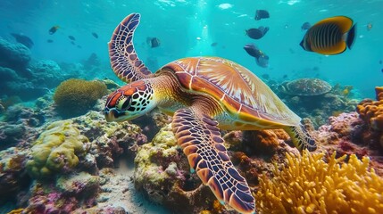 The vibrant underwater life of the Galapagos Islands, with sea turtles swimming among colorful corals.