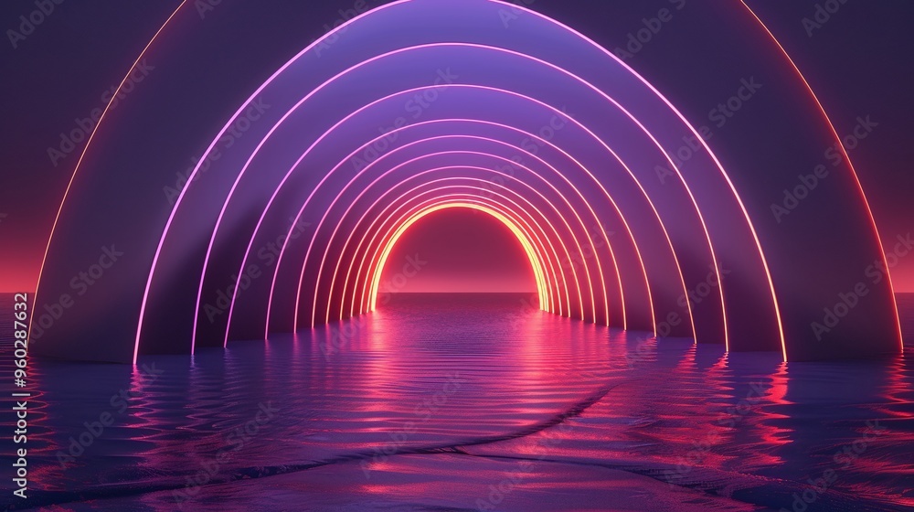 Poster a mesmerizing abstract scene featuring glowing rainbow arches over tranquil water, creating a surrea
