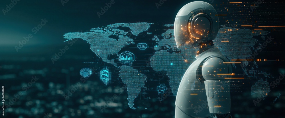 Poster a robot stands in front of a map of the world