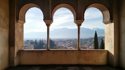 The view from the AlhambraAlcazaba fortress, overlooking Granada and the distant mountains.