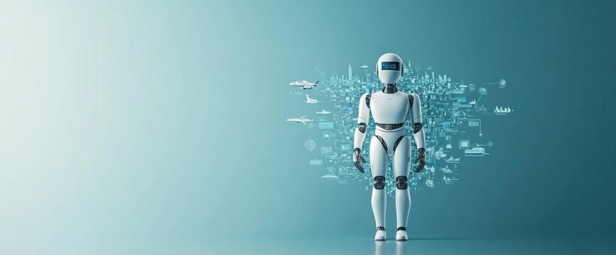 A robot stands in front of a cityscape with airplanes and other objects