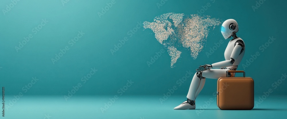 Poster a robot is sitting on a brown briefcase with a globe in the background