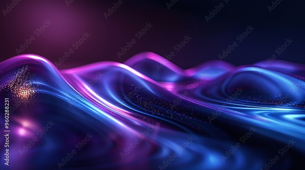 Poster a mesmerizing abstract wave of vibrant colors, blending purple and blue hues, creating a sense of mo